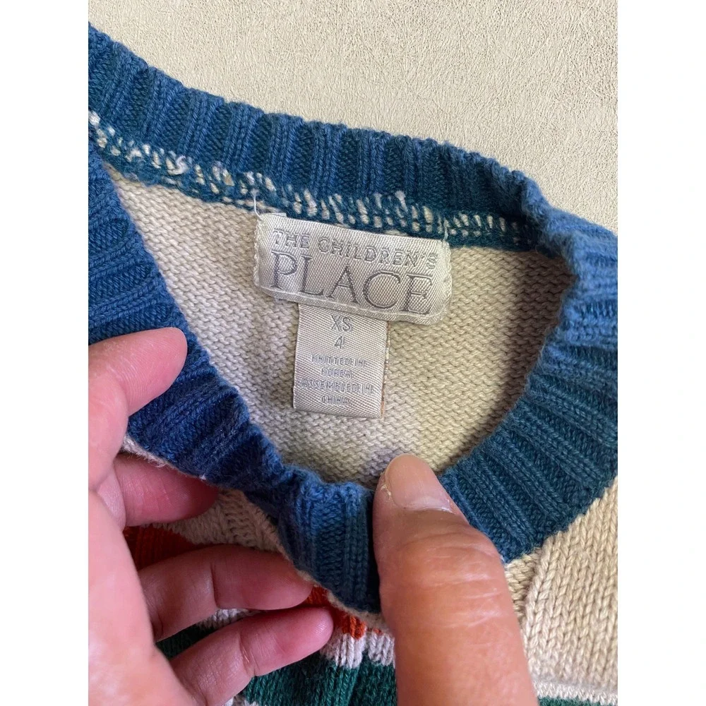 The Childrens Place Boys XS 4 Cable Knit Striped V-Neck Sweater Vest Beige Blue